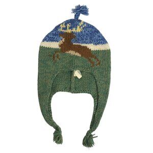 Y2K Baby Gap Knitted Reindeer Earflap Hat 12-24 Months Green & Blue Wool Blend